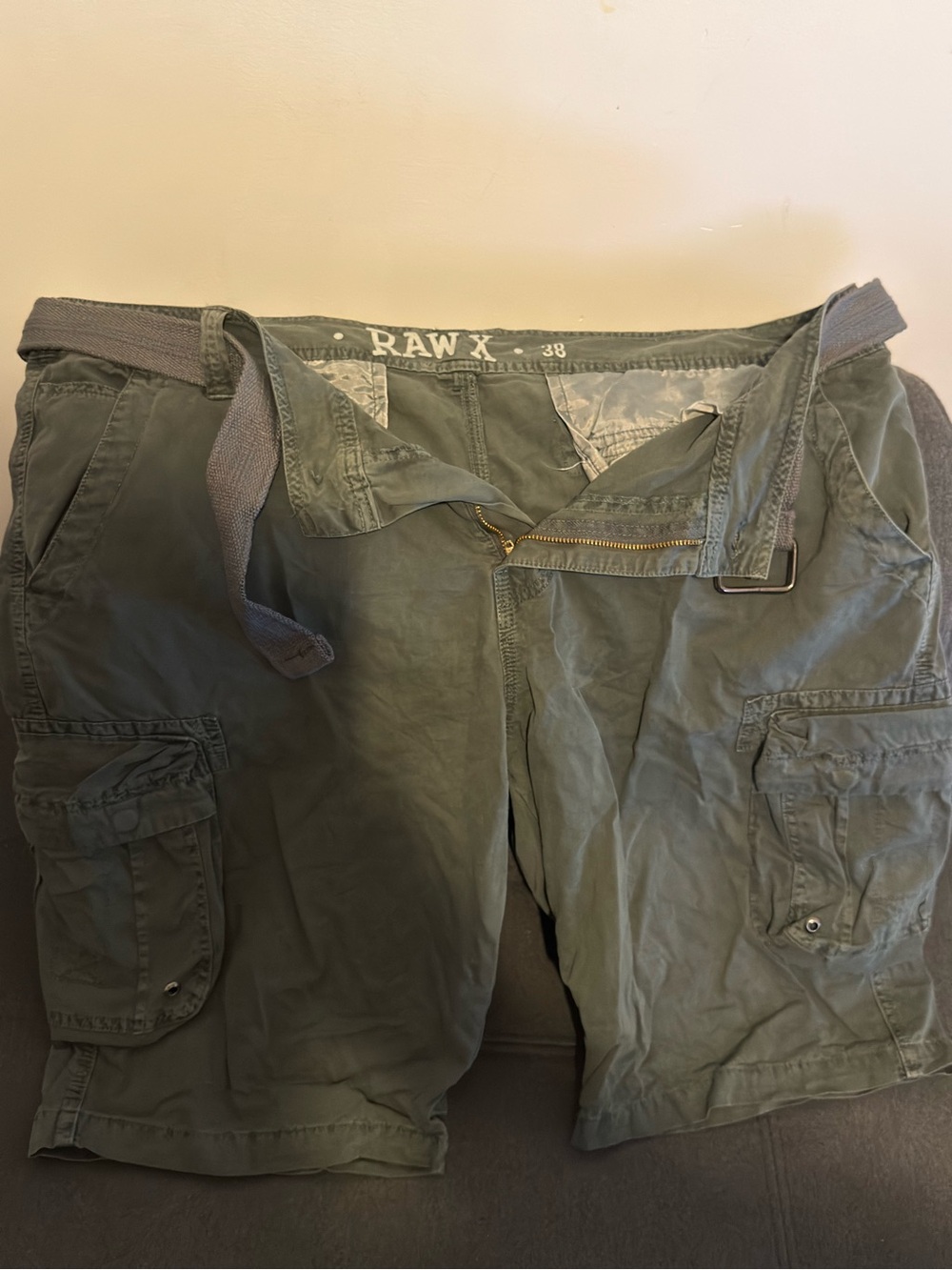 RAW X Olive Green Cargo Shorts with Web Belt